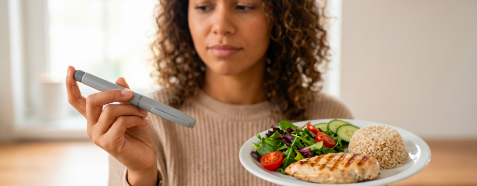 A imagem tem uma mulher segurando com a mão direita uma caneta para emagrecimento, GLP-1, e, na mão esquerda, um prato de comida saudável representando a dieta